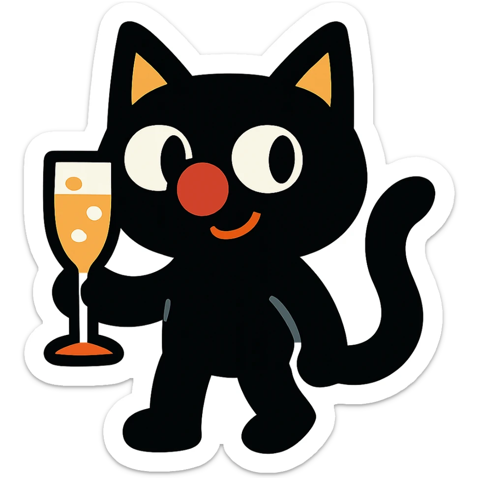 black cat with a clown nose and champagne glass, cartoonish and fun sticker