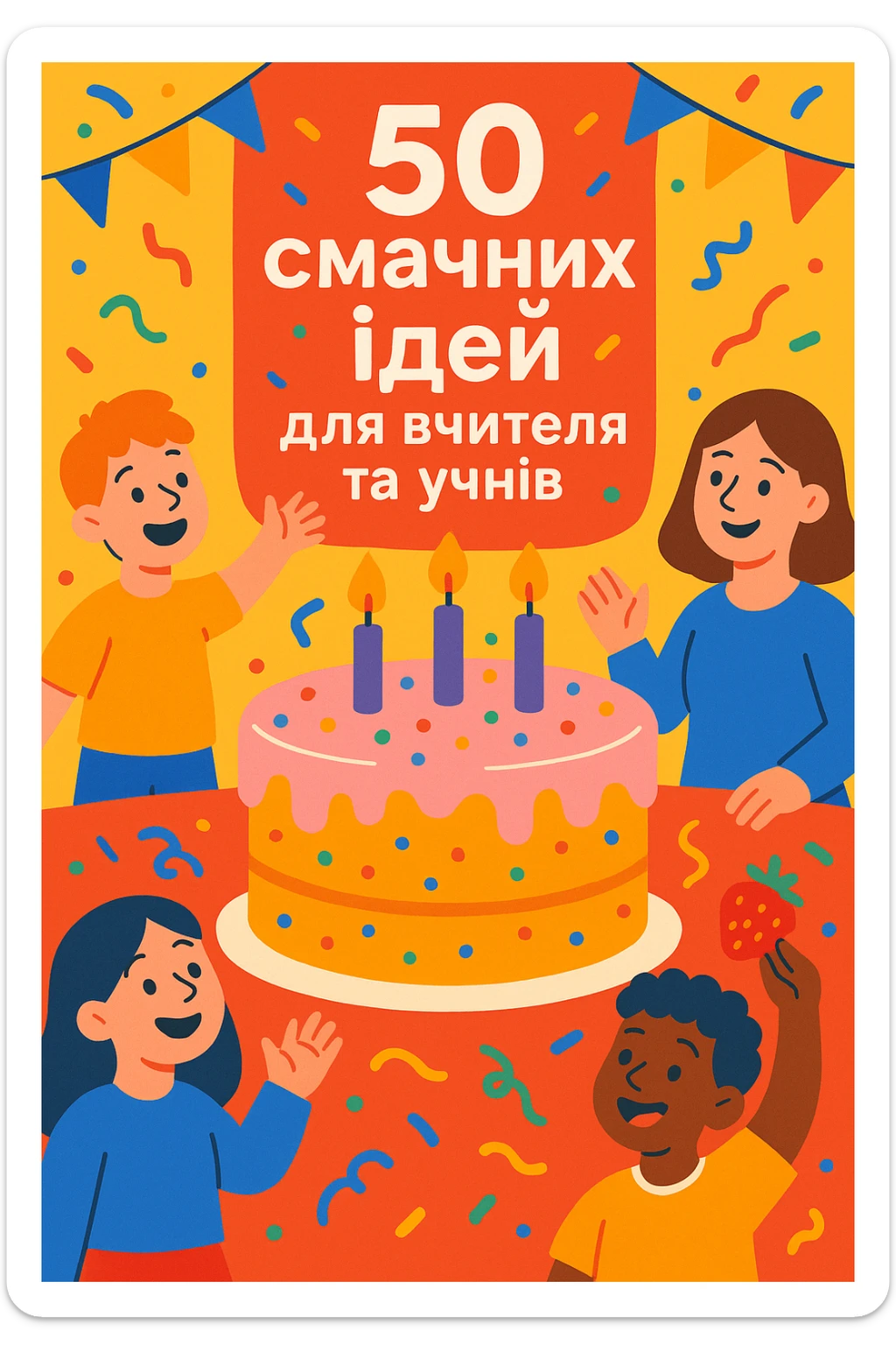 Обкладинка посібника з текстом українською мовою: «50 смачних ідей для вчителя та учнів». Мультяшний стиль, центральна ілюстрація великого торта, навколо якого діти та вчитель, святковий дизайн, сучасна типографіка. sticker