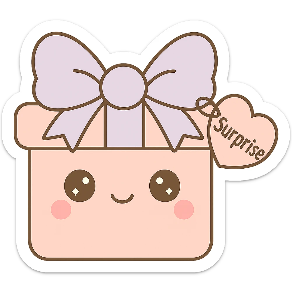Change the name on the heart-shaped gift tag to 'Surprise', keep the kawaii style, no background. sticker
