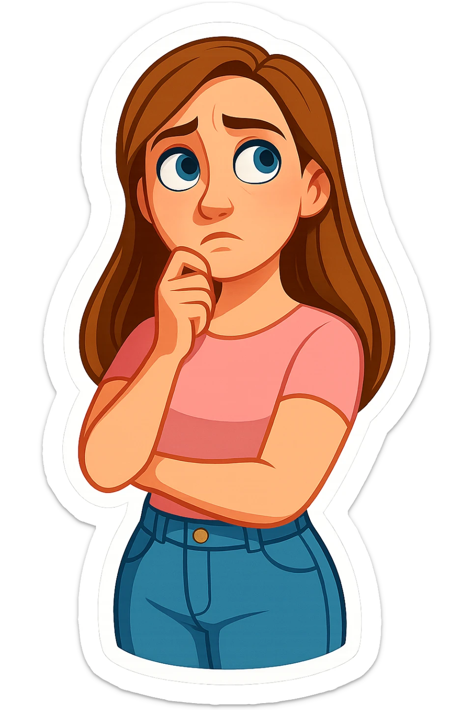3D cartoon sticker, DreamWorks style of a 30-year-old woman with long light brown hair below shoulder blades, fair skin, large expressive blue eyes, slight bump on nose, wearing a pastel pink t-shirt and light blue mom jeans, thoughtful expression, soft light, white sticker outline sticker