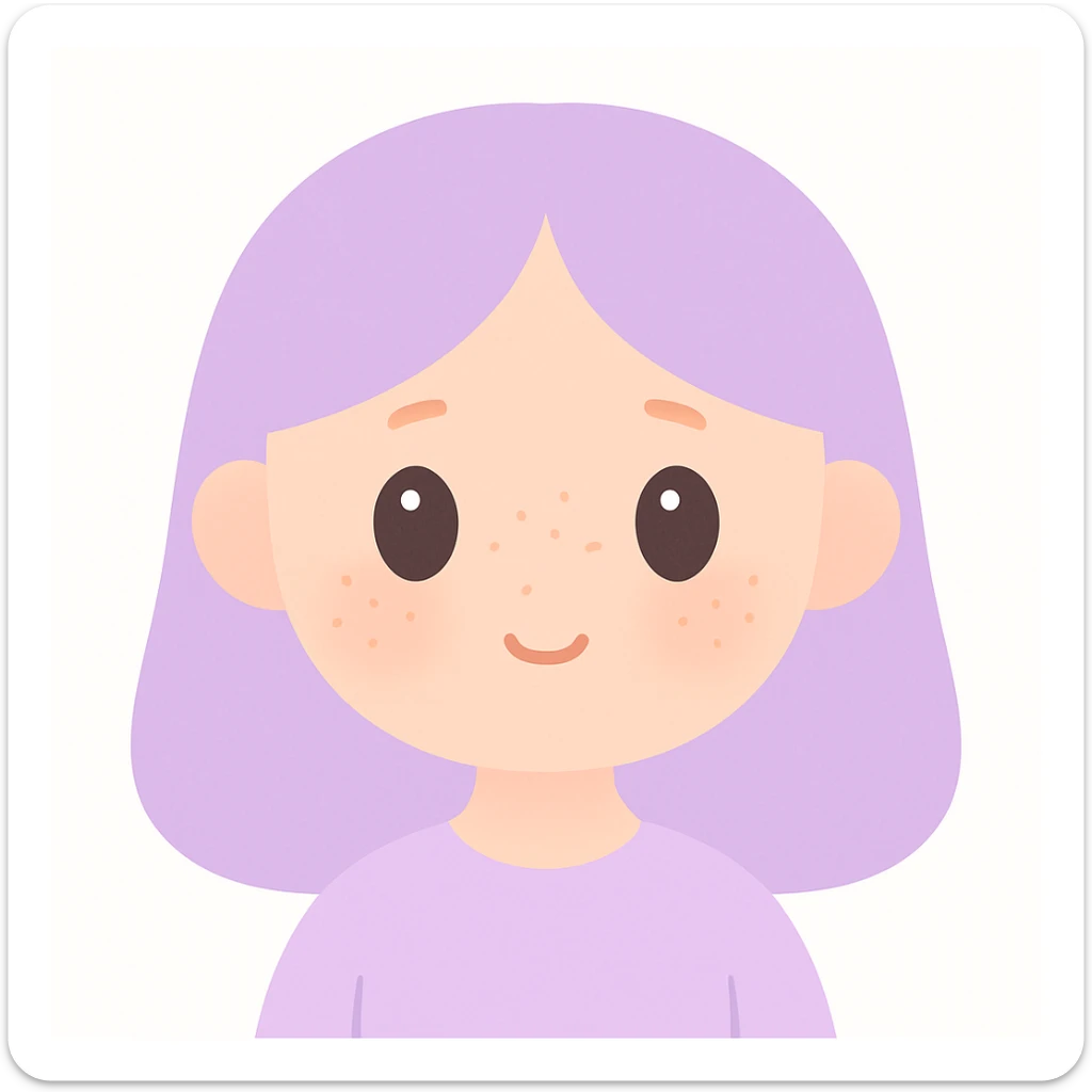 a girl with a cute peachy face, soft pastel colors, subtle freckles, shy smile, lavender hair, clean background sticker