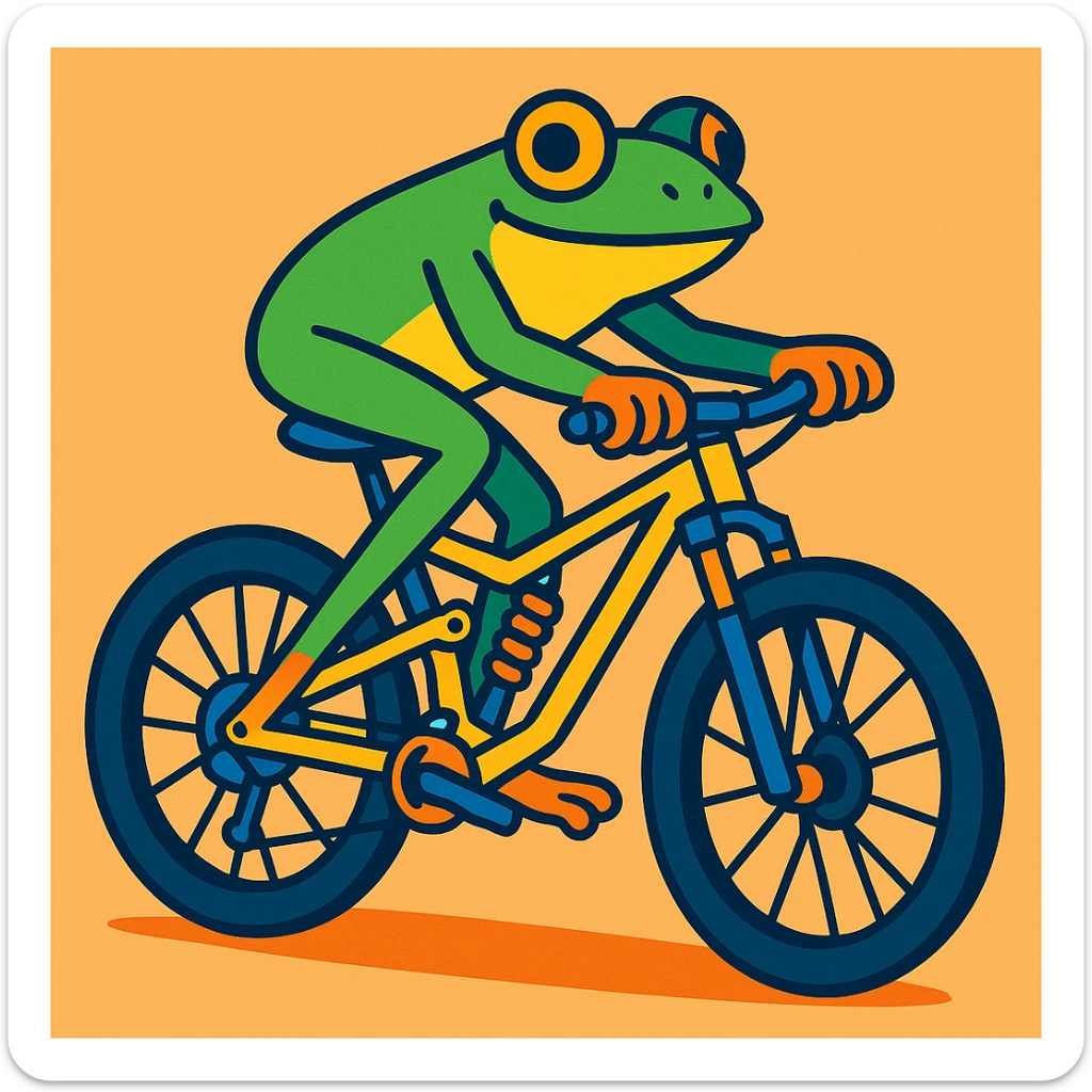 a frog riding a full suspension mountain bike, vibrant and playful style sticker