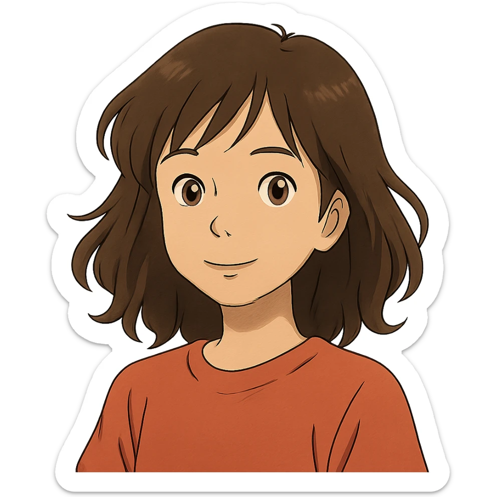 ghibli style portrait of an Asian girl with medium brown wavy hair and brown eyes sticker