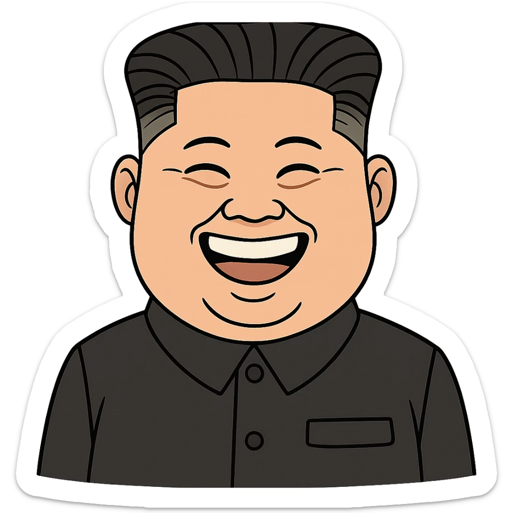 caricature emoji of Kim Jong-un smiling, wearing black suit, cartoon style sticker