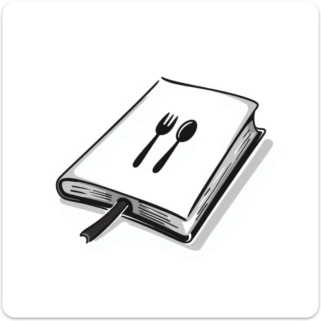 Closed cookbook with a fork and spoon symbol on the cover – collection of recipes sticker