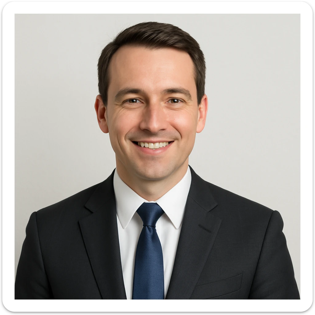 a professional-looking person in business dress with an approachable smile, light background, modern style sticker