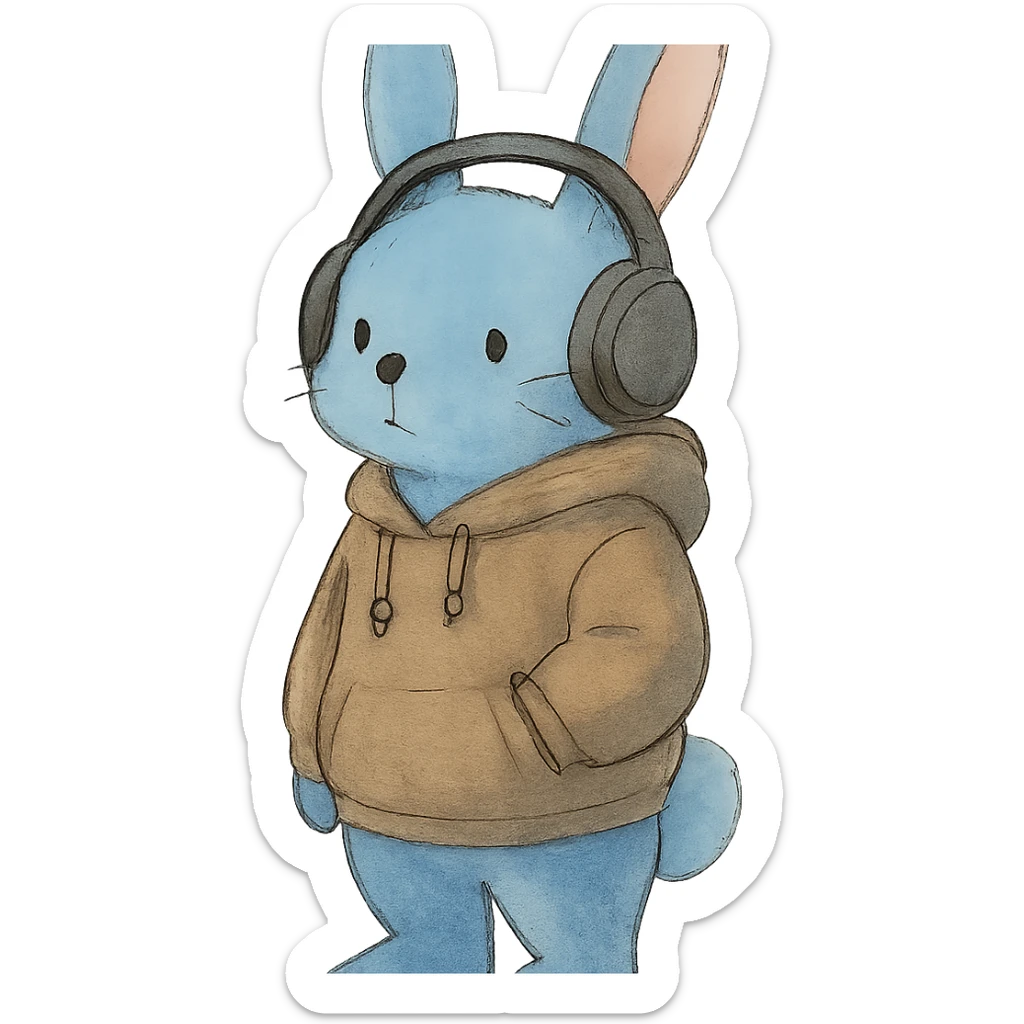 blue bunny in hoodie, one paw in pocket, headphones on, soft Ghibli style sticker