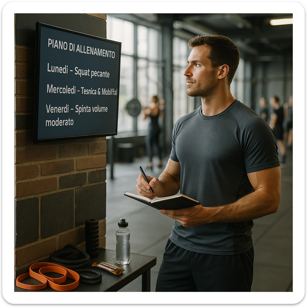 Sporty 30-year-old man in a modern gym, near a digital screen displaying a weekly plan in Italian: 'Lunedì – Squat pesante', 'Mercoledì – Tecnica & Mobilità', 'Venerdì – Spinta volume moderato'. He looks at the plan attentively, wearing technical sportswear, holding a pen and notebook. Around him: resistance bands, mobility tools, water bottle, protein bar. Relaxed and strong posture. Other athletes in the background. Natural light, fitness-lifestyle style, slightly cinematic. sticker
