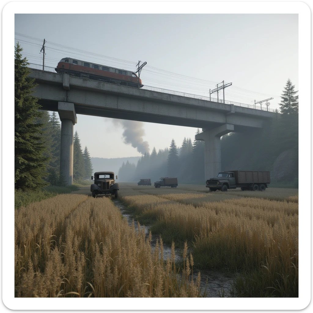  a screenshot of a location in a videogame  the image of the scene consists of:  [above-ground train freeway partially collapsed], a wooded area, a small field of wheat. distant smoke. tall concrete walls, derelict vintage work trucks, more distant smoke. polluted and war-torn sticker