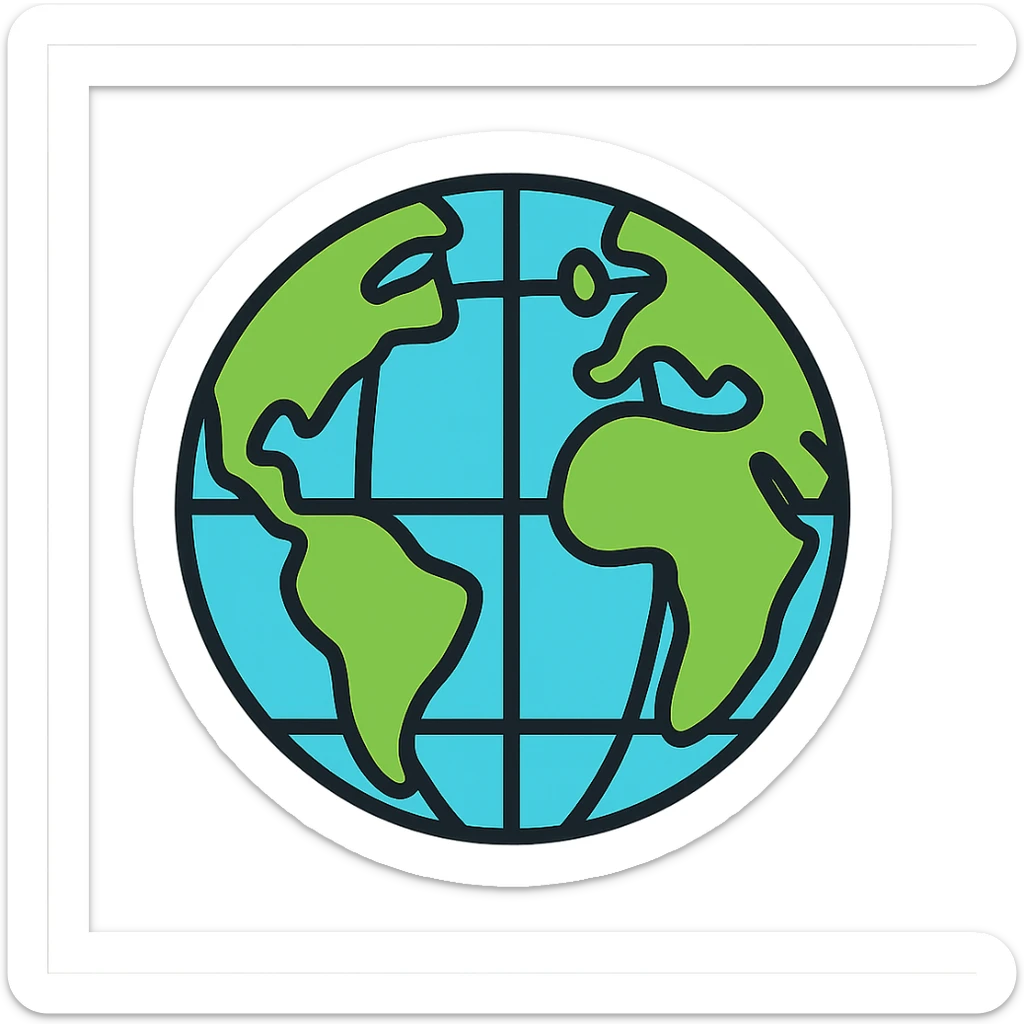 globe icon with detailed landmasses, water, and grid lines, lineal color style with black outlines sticker