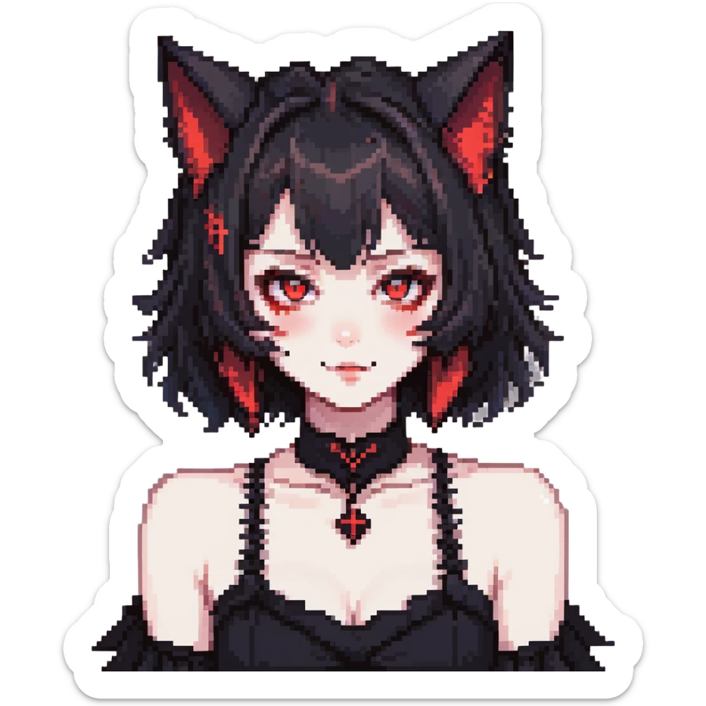 neko anime girl emoji, gothic black dress, glowing red eyes, fanged smirk, pale skin, cat ears, dark vibe sticker