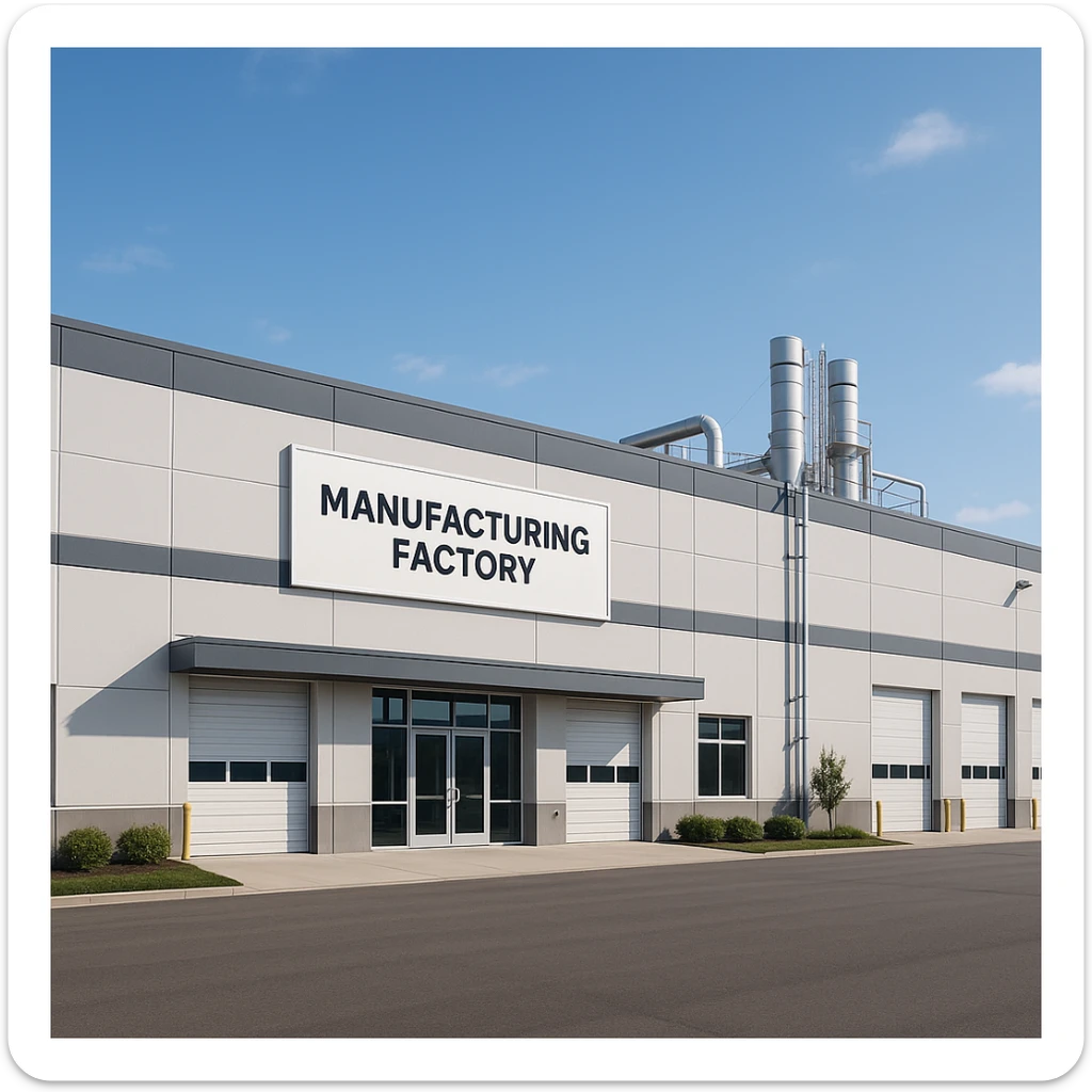 exterior view of a modern manufacturing factory, large building, industrial architecture, clear sky, clean and organized, suitable for branding sticker