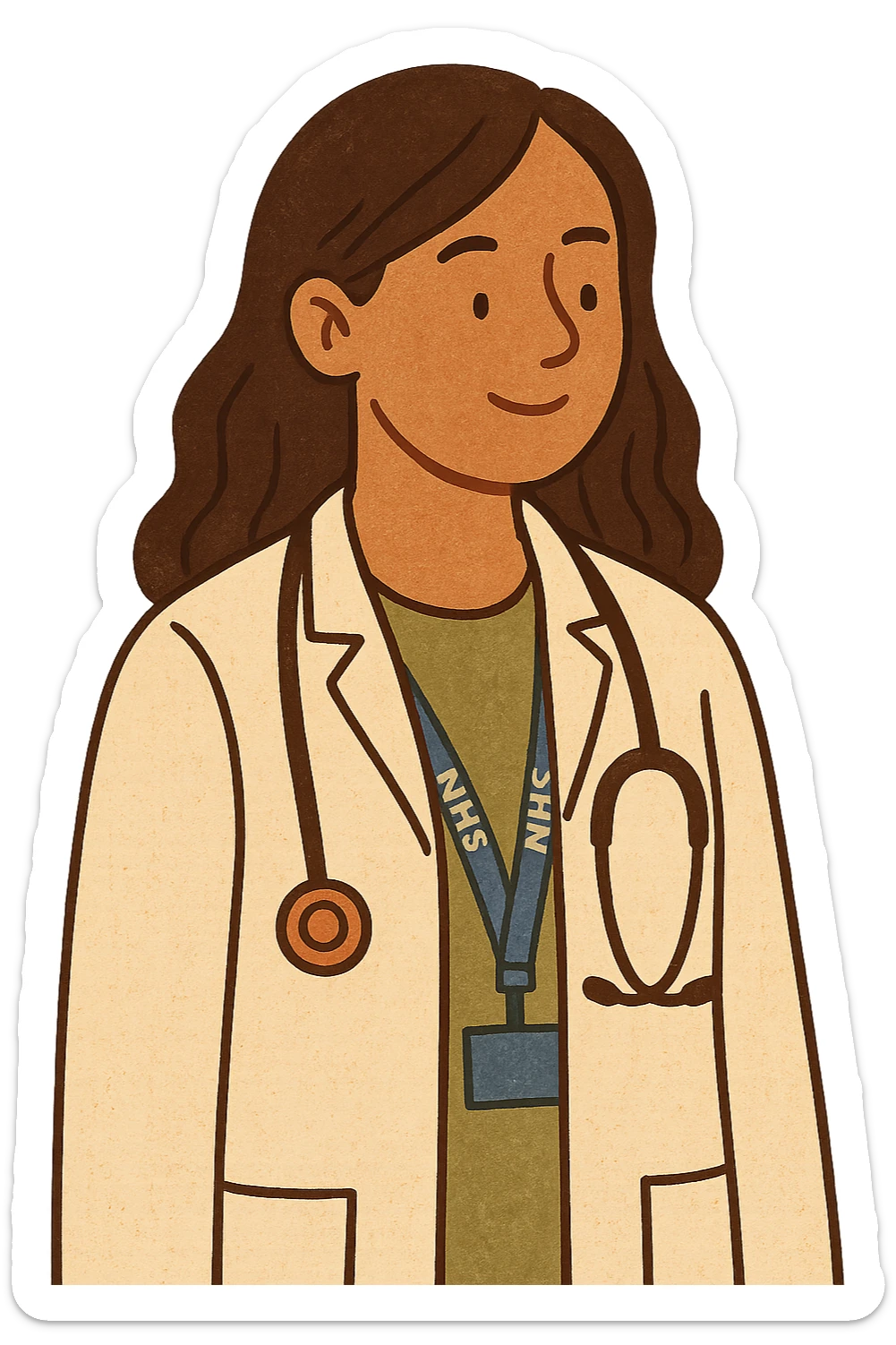 A modern day female doctor wearing an NHS lanyard and stethoscope sticker
