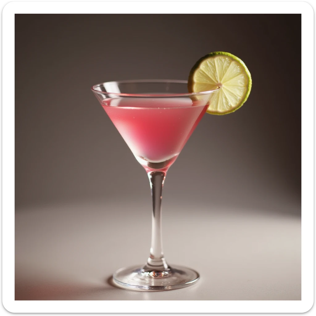 realistic cosmopolitan cocktail, pink drink in martini glass with lime wheel garnish, photorealistic style sticker