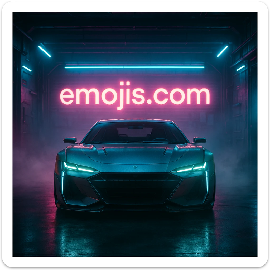 Cinematic still of a futuristic car parked front to camera inside neon garage with led behind saying "emojis.com", room fill with haze, very detailed and futuristic ,inspired by cyberpunk 2077 sticker