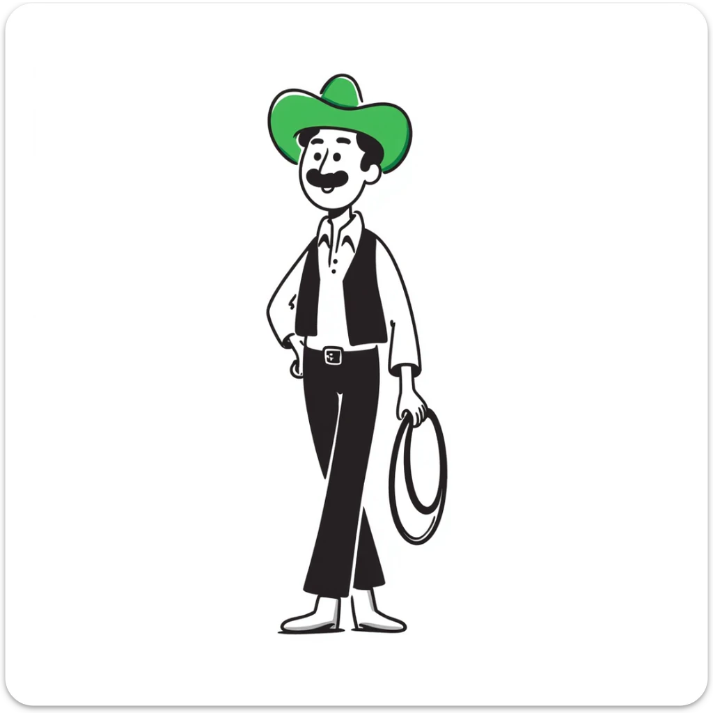 Cowboy wearing a bright green hat with no star, lasso in hand, western outfit sticker