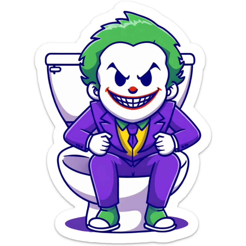 Joker villain sitting on toilet laughing maniacally, green hair, purple suit sticker