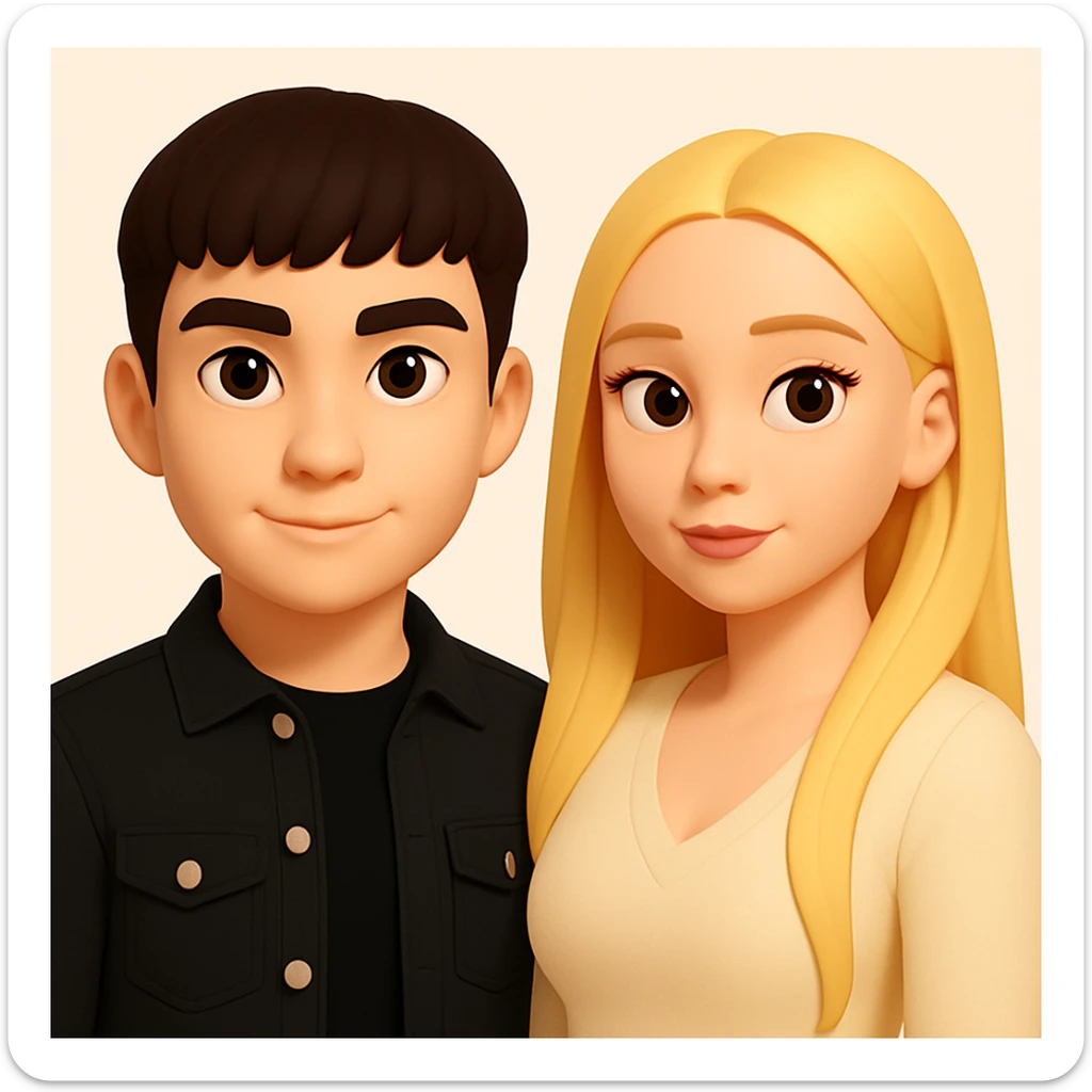 Slightly increase the volume of the upper body of the girl, separate the girl and the boy from each other, and make the skin color the same for both characters. Maintain the cartoon style and keep a clean background. sticker