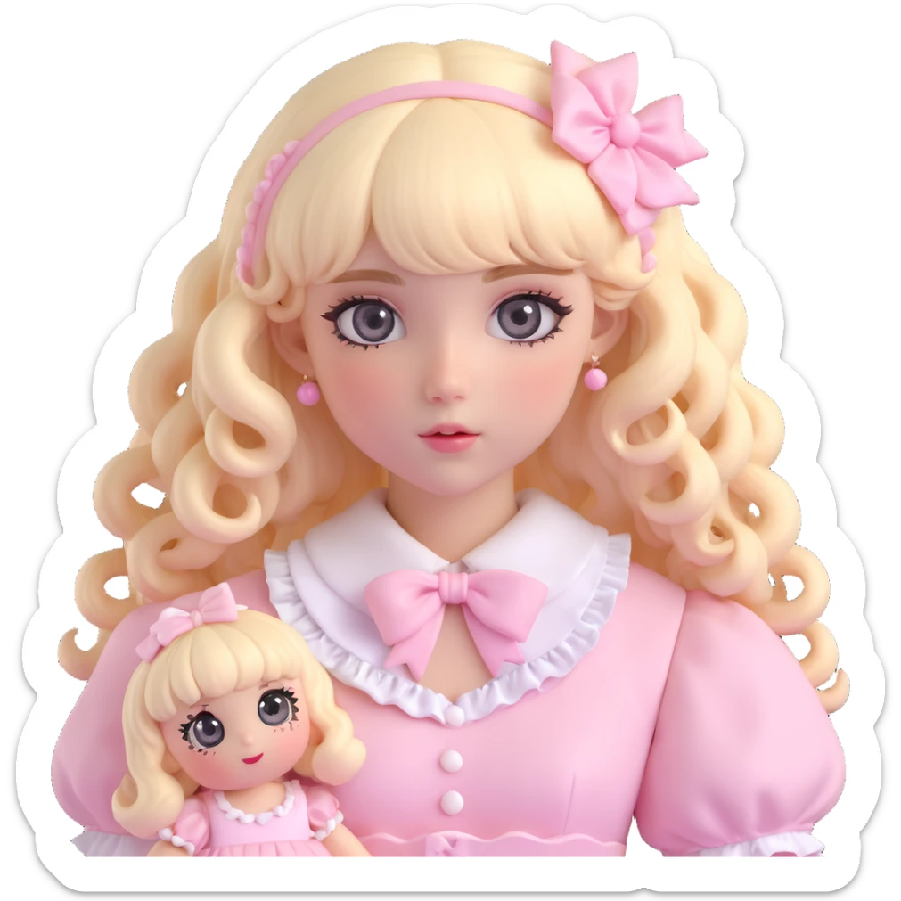 pale girl , who has curly medium length blonde and baby pink swirled hair with bangs , grey eyes , and doll like makeup , in a light pink lolita hime gyaru dress  sticker