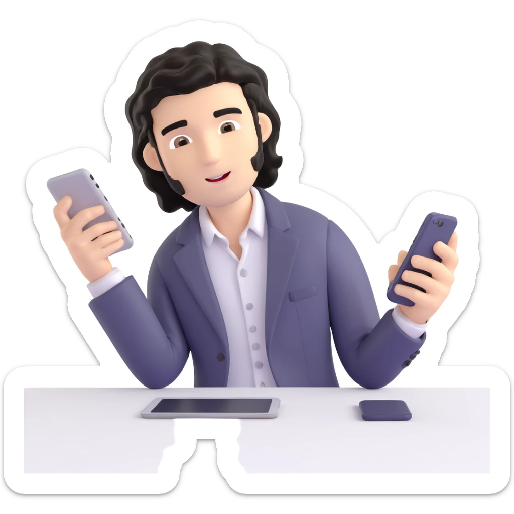Business strategist with black wavy hair, stubble, chiseled face, wearing blazer and button-up shirt, working on digital devices, surrounded by data visualizations and AI technology, innovative tech-savvy expression sticker