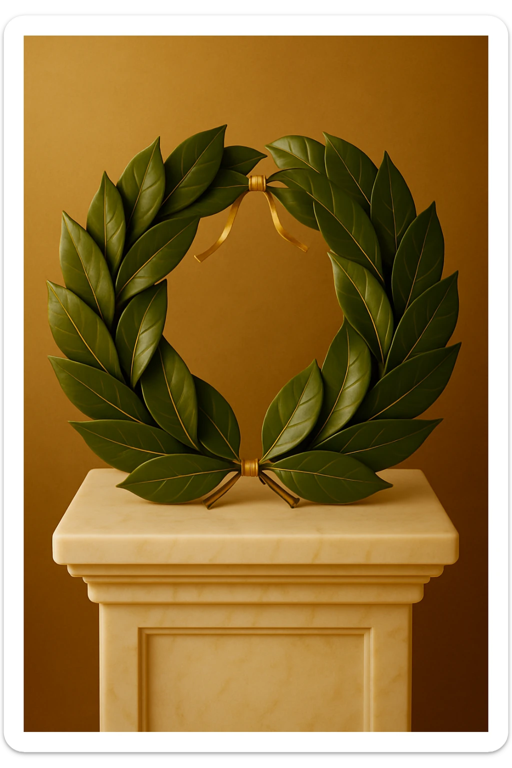 A realistic laurel wreath made of fresh or natural-looking laurel leaves, neatly woven into a circle. The leaves are glossy, rich green, with golden veins. The wreath is adorned with a thin golden ribbon tied in a bow at the back. The wreath is placed on a white marble pedestal or cushion. sticker