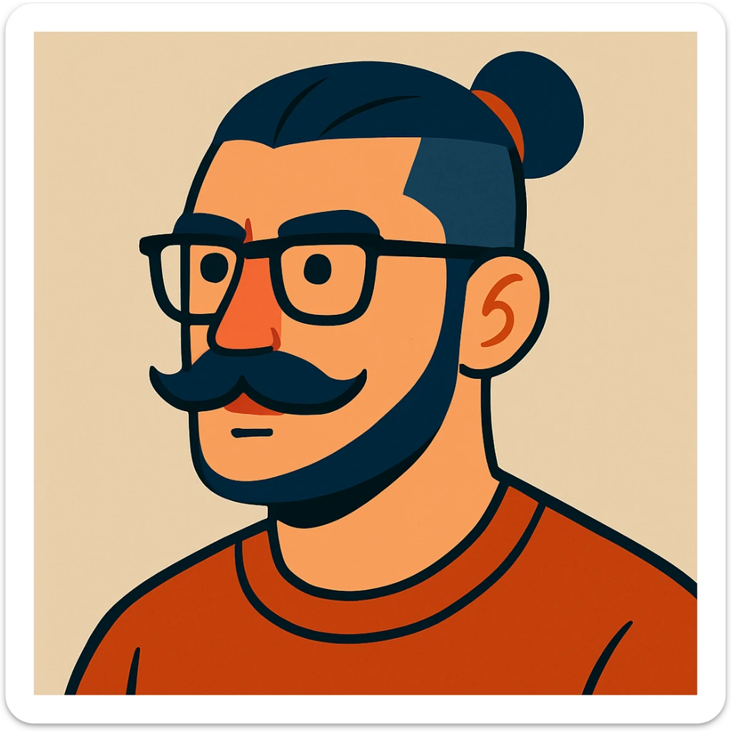 A vibrant cartoon style illustration of a guy with a moustache and a man bun, low taper fade haircut, wearing glasses, neutral background. sticker