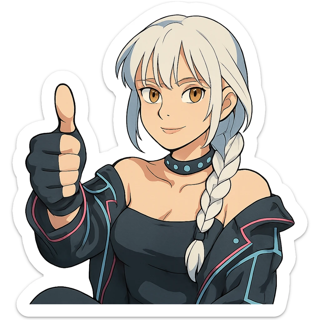  she is throwing a huge emphatic thumbs up, a closeup portrait of young woman with gold yellow eyes, white hair, long braid, black off-shoulder top d-cup, punk gothic style, futuristic cyberwave cyberpunk, sitting position
 sticker