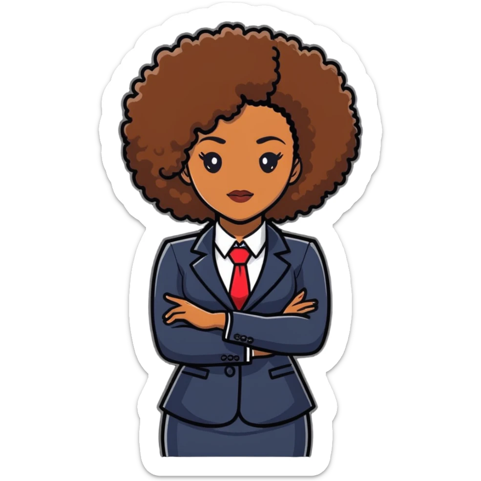 Elegant African career woman with natural curly afro hair, corporate outfit, professional demeanor sticker