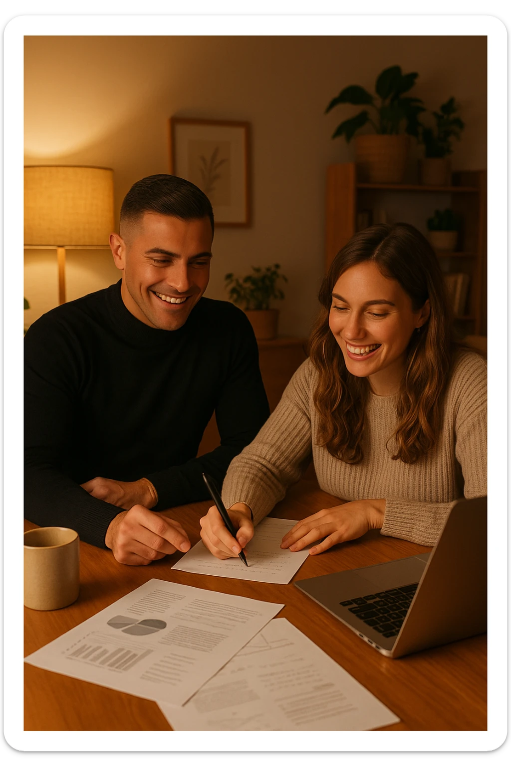 a man and woman work together on a project at home, with the man offering guidance and the woman actively participating and contributing ideas. Their expressions show teamwork and satisfaction, highlighting the benefits of collaboration and shared leadership. The setting is warm and inviting. sticker