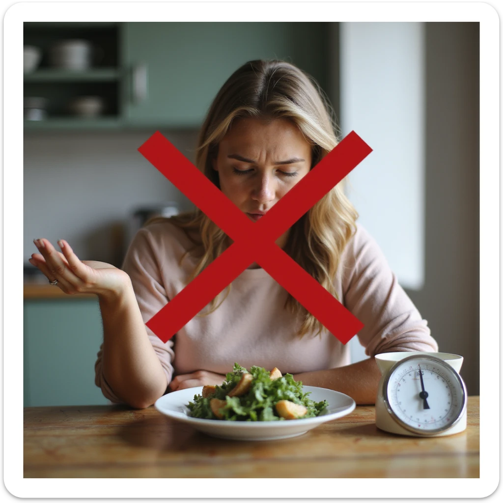 adult woman, photorealistic, sitting at table with plate of salad and kitchen scale, large red X over scale, desperate expression, natural light, kitchen background, concept of diet not working sticker