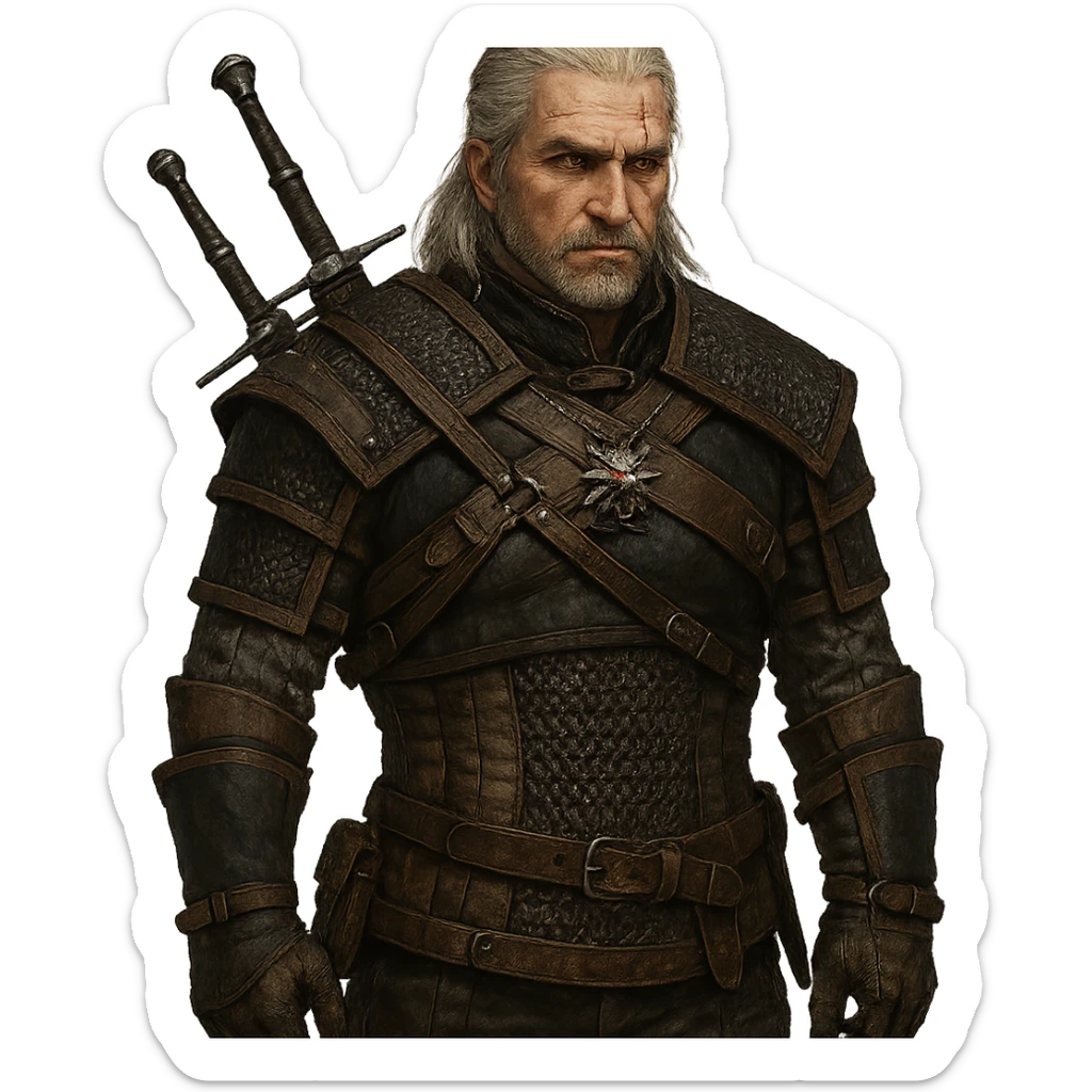 Witcher character in the style of The Witcher series, with a wolf medallion. sticker