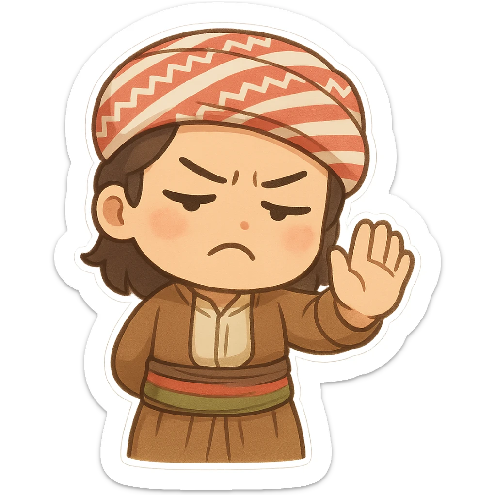 Kurdish man or woman in jamadani, cartoon style, waving hand as if saying 'go away' or 'leave me alone', annoyed face, no text sticker