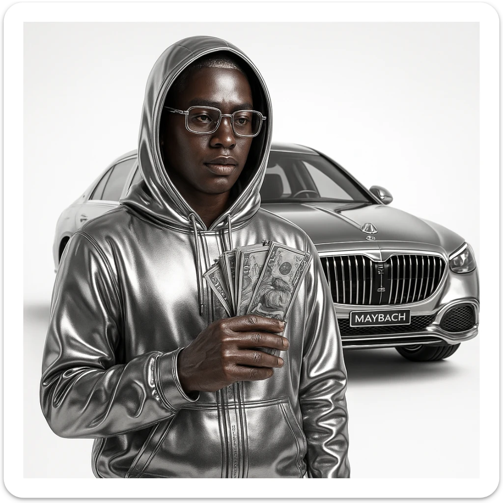 chrome style icon version of a person with realistic light brown skin, natural features, and a hand subtly showing a missing finger, wearing metallic chrome hoodie and clothing, Cartier glasses, holding detailed US dollar bills instead of money, with a Maybach car behind, striking iconic chrome aesthetic sticker