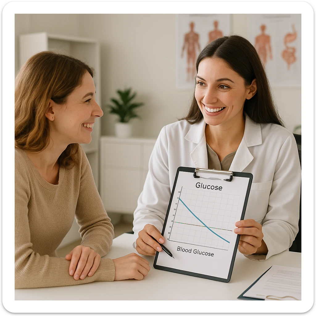 woman consulting a nutritionist, both smiling, nutritionist showing a graph of improving blood glucose, supportive atmosphere, realistic details, medical office background sticker