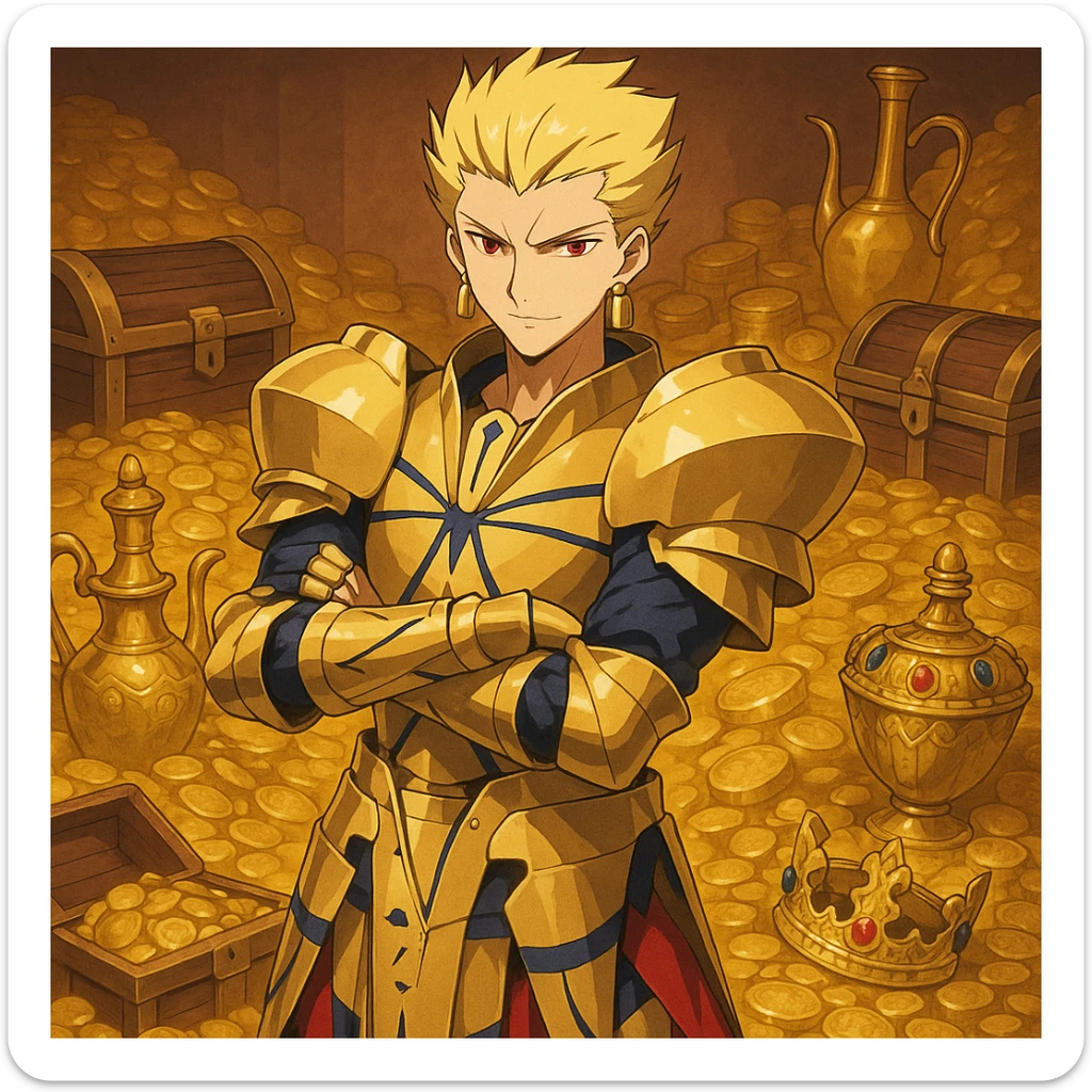Gilgamesh from Fate anime, crossed arms, surrounded by treasure, anime style sticker