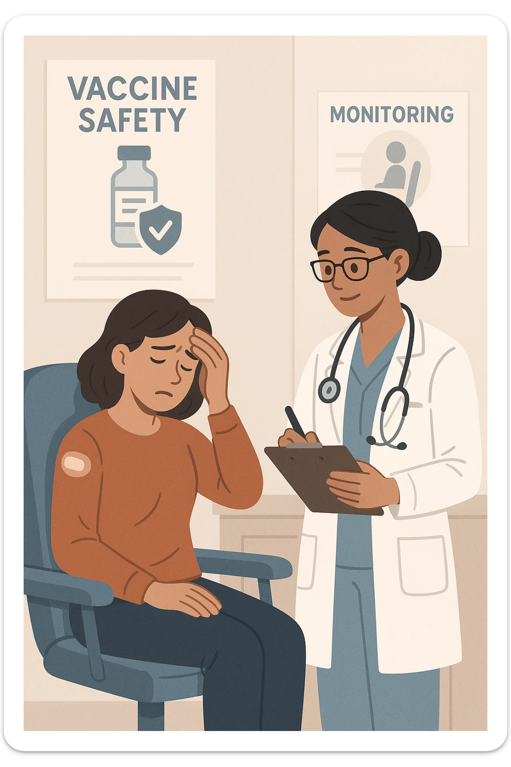 Vertical, educational medical illustration: a healthcare professional observes a patient who appears unwell after receiving a vaccine. The patient sits in a clinic chair, showing mild symptoms such as fatigue or headache, while the professional takes notes and offers reassurance. The background includes educational posters about vaccine safety and monitoring. sticker