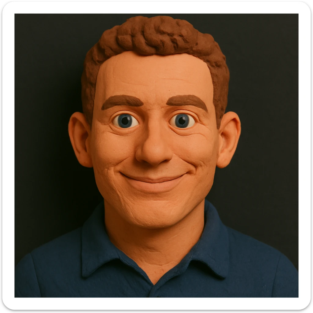 Claymation portrait with a younger face, narrower nose, narrower chin, friendly and confident facial expression, slightly larger forehead, anthracite background. Full head and hair in the frame, nothing cropped. sticker
