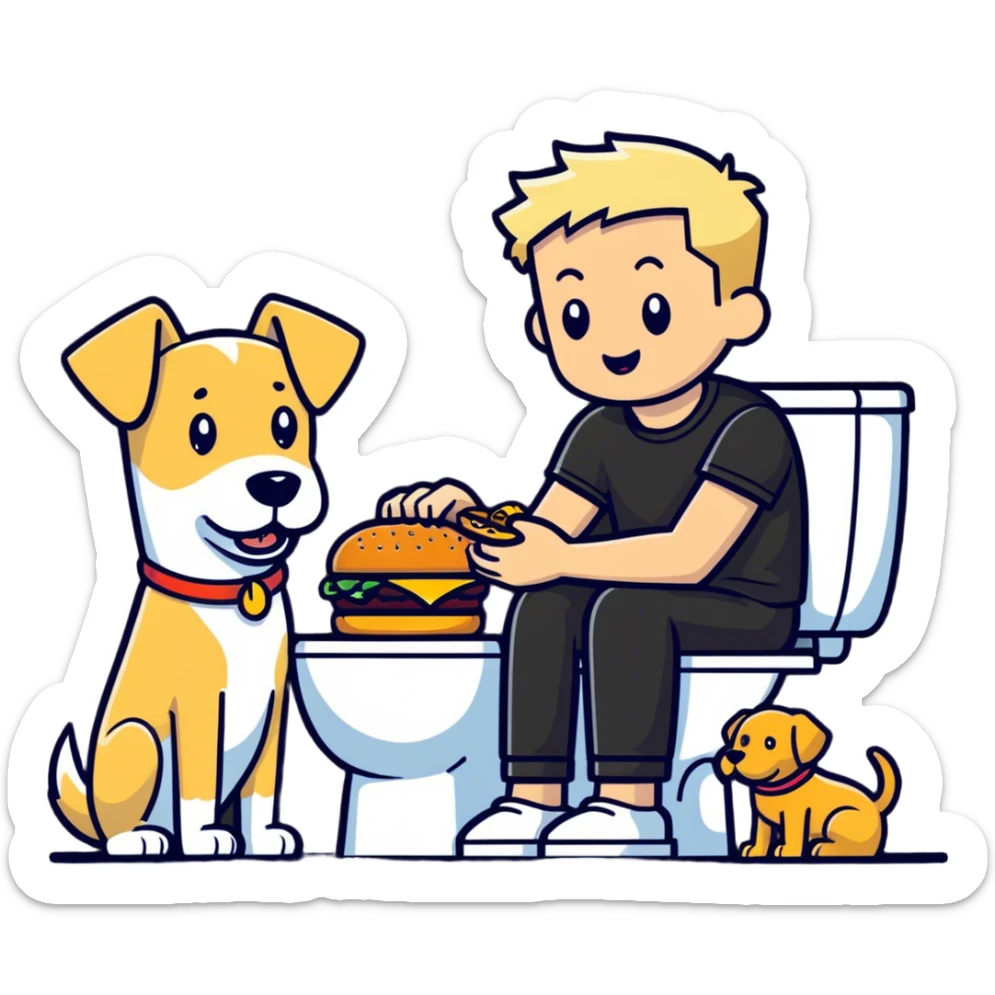 Guy with blonde hair and low taper fade on the toilet taking a poop with a dog eating a hamburger next to him sticker
