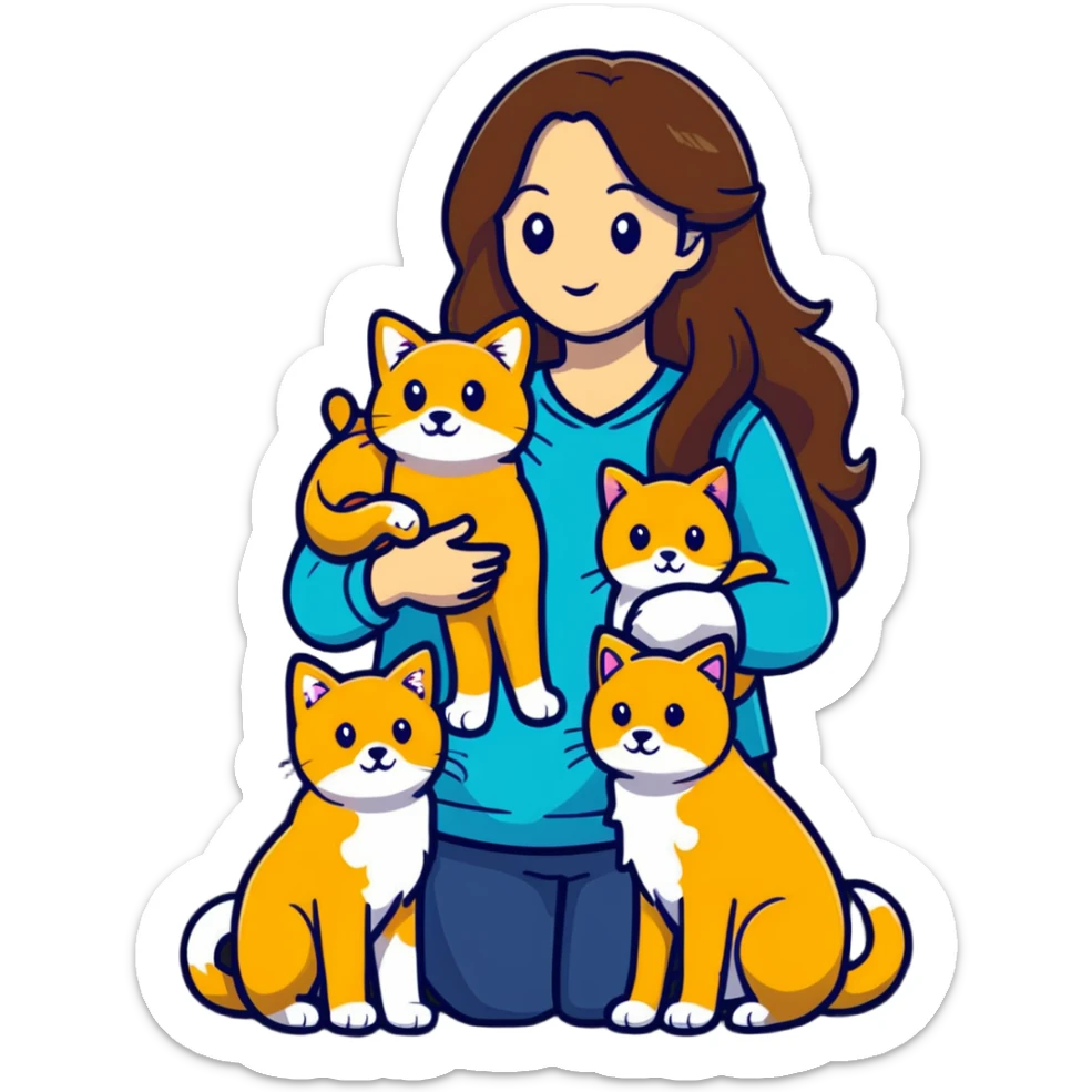 Beautiful woman with long brown hair holding a golden retriever and three cats sticker