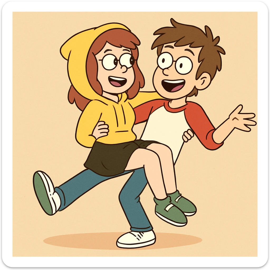 A man Raglan sleeves with Red t-shirts blue jeans white shoes carried by a cute a girl yellow hoodie black skirt green shoe  sticker