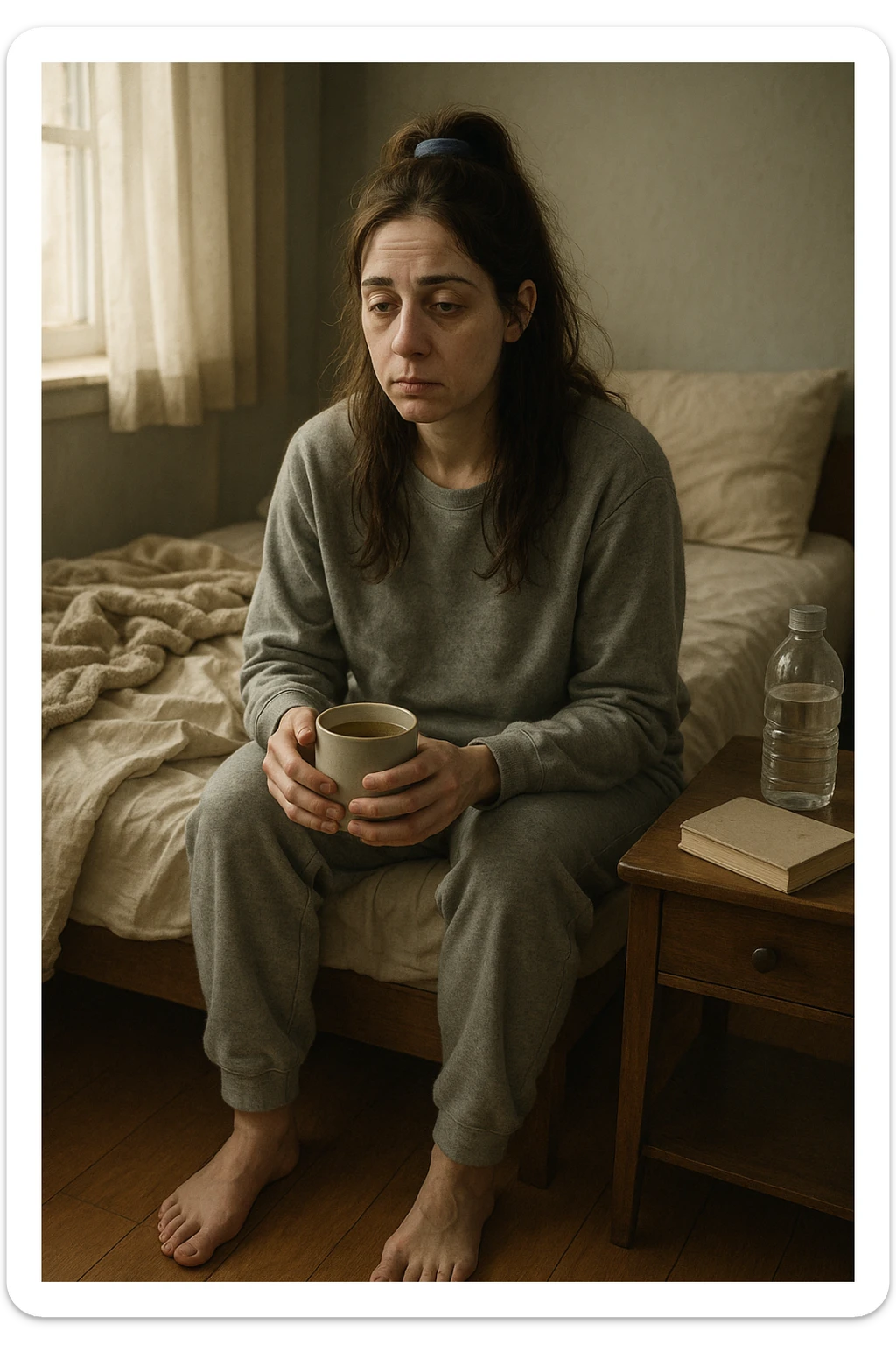 A realistic, cinematic illustration of a woman in her early 30s with a tired, pale appearance, sitting on the edge of her bed in a softly lit bedroom during the morning, looking exhausted and drained. Her posture is slightly slouched, and dark circles are visible under her eyes. She wears comfortable loungewear, holding a warm cup of herbal tea in her hands, seeking comfort. The scene includes a cozy yet slightly messy room with a blanket, a water bottle, and a book on the nightstand, emphasizing chronic fatigue. Soft natural light comes through the window, highlighting her expression of persistent tiredness despite rest, capturing the invisible struggle of chronic fatigue syndrome while maintaining dignity and a gentle aesthetic. sticker