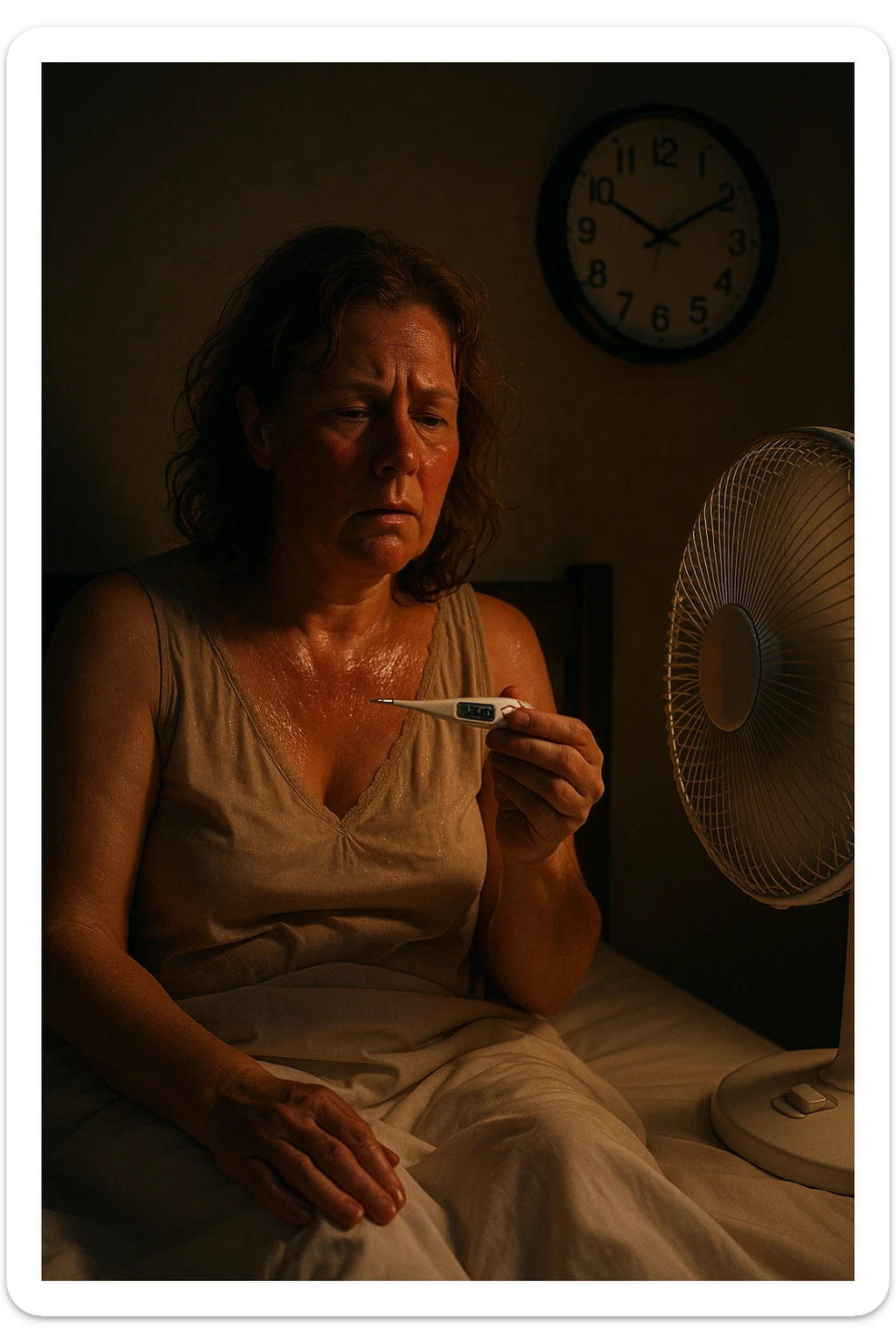 50-year-old woman sitting on bed at 3AM, nightgown soaked in sweat, face flushed as she holds thermometer showing 37.8°C, fan blowing directly on her sticker