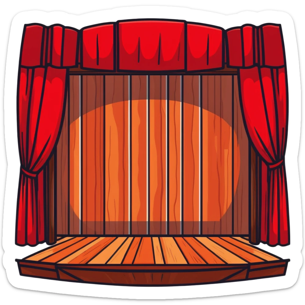 dramatic theater stage with red curtains drawn to sides, wooden planks, and bright spotlight in middle sticker