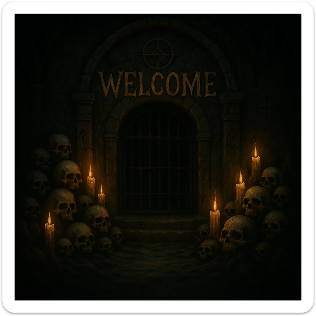 Add the word 'Welcome' in creepy, horror-themed text, integrated into the ancient crypt banner. The text should look ancient and eerie, blending with the crypt's dark and mysterious atmosphere. sticker