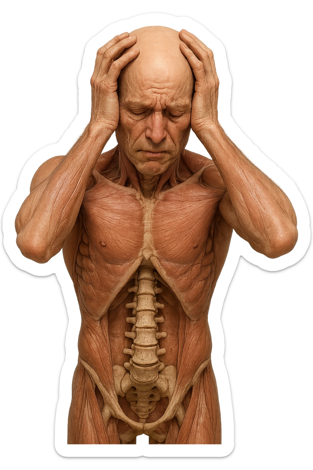 CORPO UMANO ANATOMICO con spina dorsale in evidenza, molto stanca e stressata mentre si tiene le mani sulla testa, IPERREALISTICO 4K sticker
