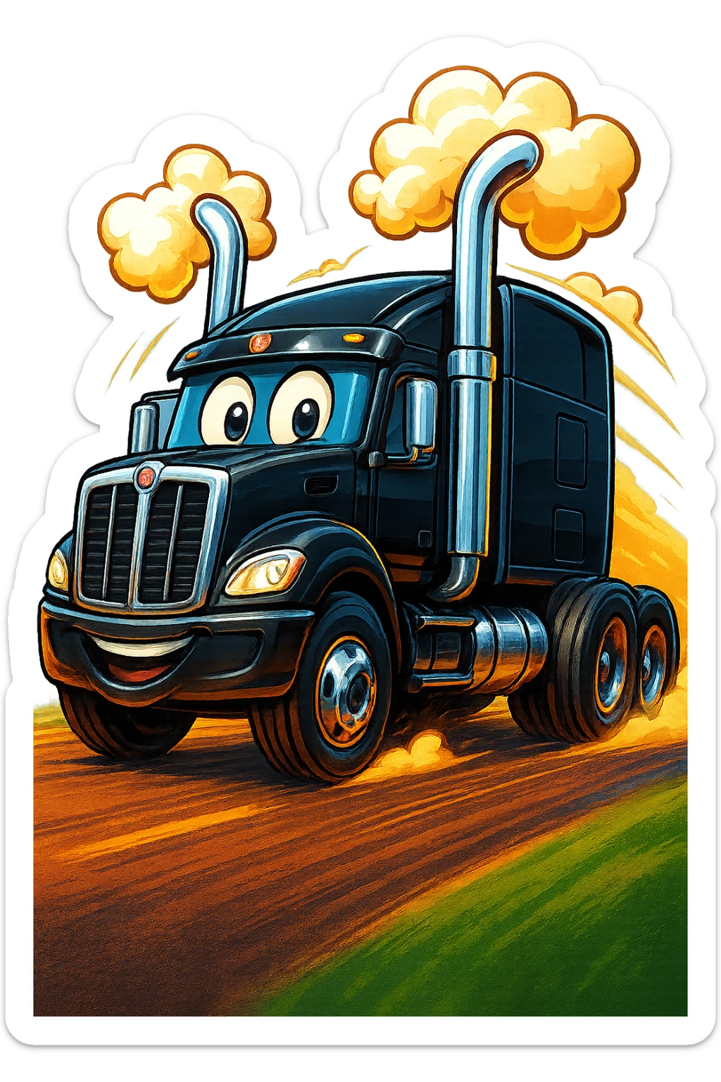 Make the black Kenworth W680 cartoon truck with playful smoke and chrome stacks look like it's racing down the road, with visible road, strong motion effects, and a dynamic, cheerful style. Transparent background. sticker