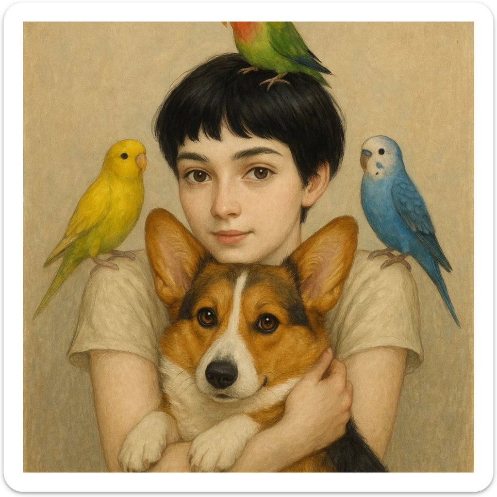 Dark short hair, dark brown eyes with pale skin and thin eyebrows girl hugging a welsh corgi. And a green-reddish lovebird on her head with yellow, blue love birds around her. sticker