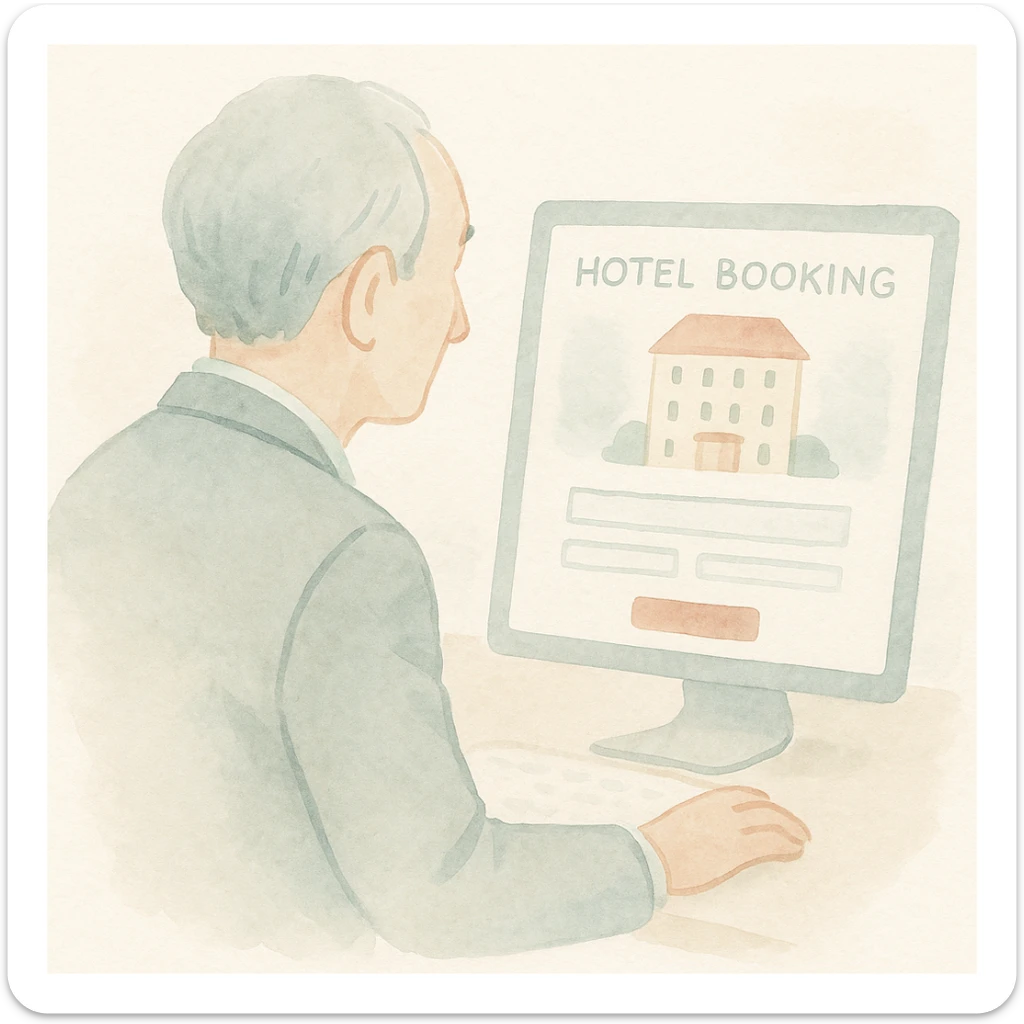 soft watercolor illustration in a minimalist modern style of a Japanese older man in a suit sitting in front of a computer, booking a hotel room on the screen, view from the back showing the computer screen, pastel colors, delicate linework, gentle whimsical mood, minimal soft shading sticker