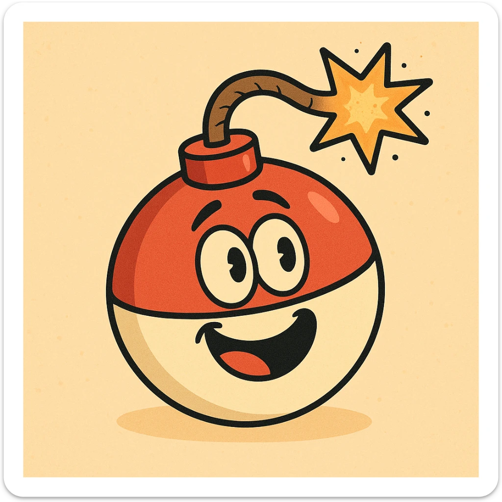 Illustration of a bomb shaped like a fishing bobber, with a fuse and bold outlines, flat toon style, simple and colorful, playful sticker