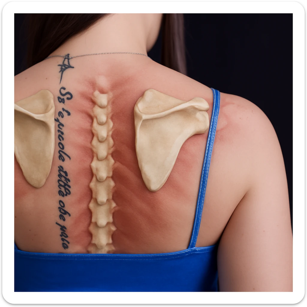 Add scapulae on the woman's back in a realistic style with slight coloration to distinguish the bones from the muscles. The image should clearly differentiate bone and muscle tissue by color. sticker